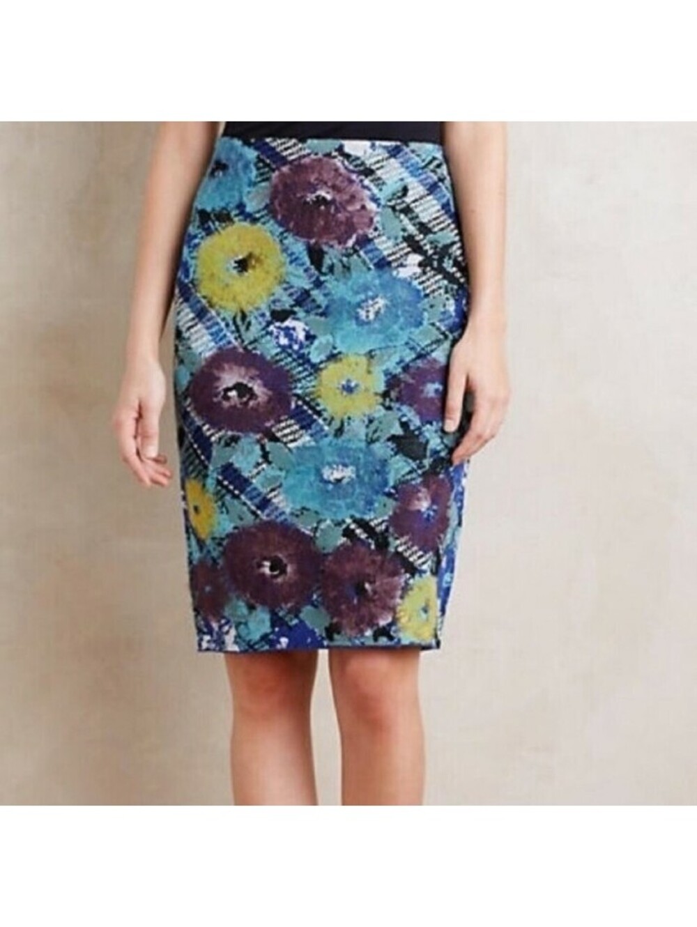 Anthropologie Medium Troubadour Rowan Pencil Skirt Wool Felted Flowers
